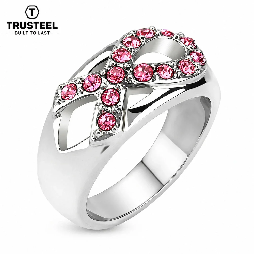 Breast Cancer Awareness Ring Pink CZ Ribbon Stainless Steel Band size 6